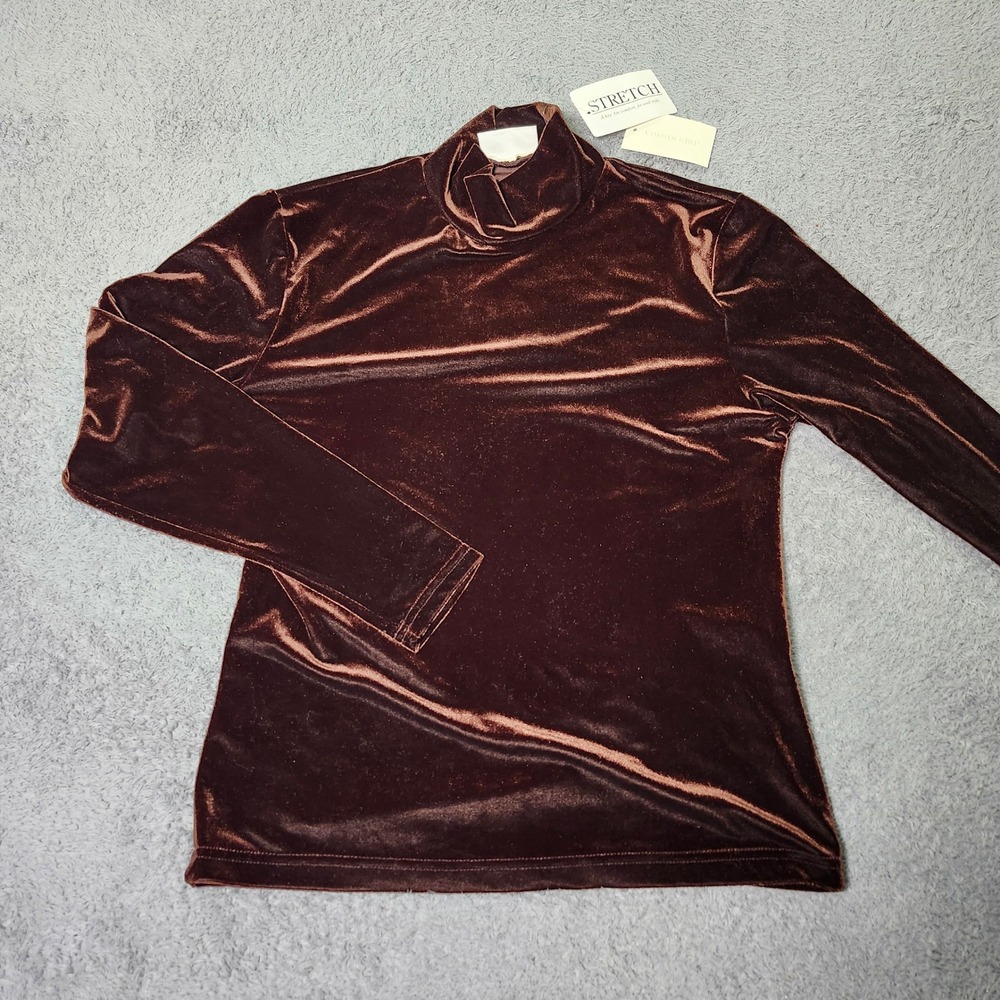 Christie & Jill Womens Small Turtleneck Top Brown Stretch Velvet Long Sleeve